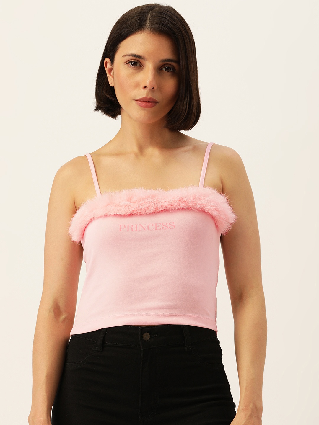 

FOREVER 21 Women Pink Solid Sleeveless Top With Fur Detail