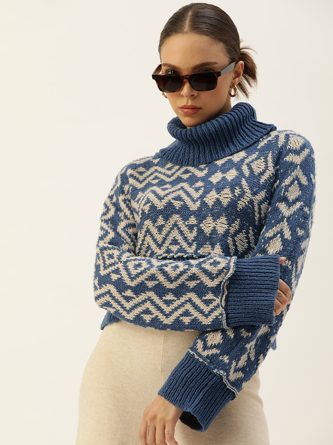 

FOREVER 21 Women Navy Blue & Beige Printed Pullover