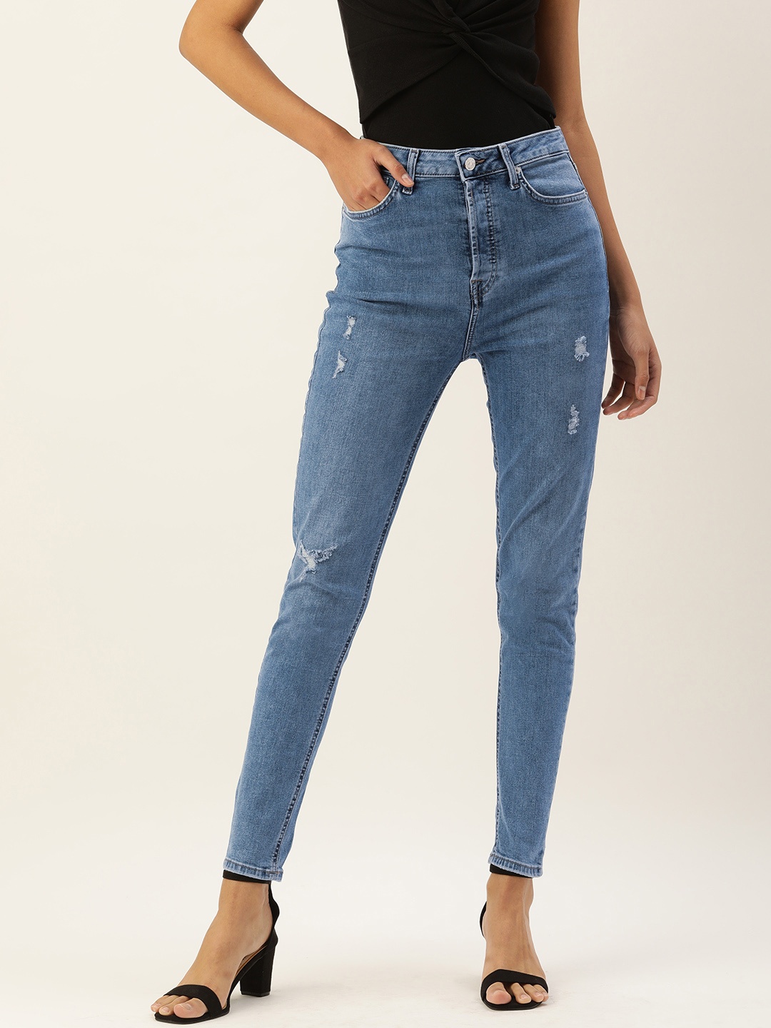 

FOREVER 21 Women Blue Skinny Fit High-Rise Low Distress Stretchable Jeans