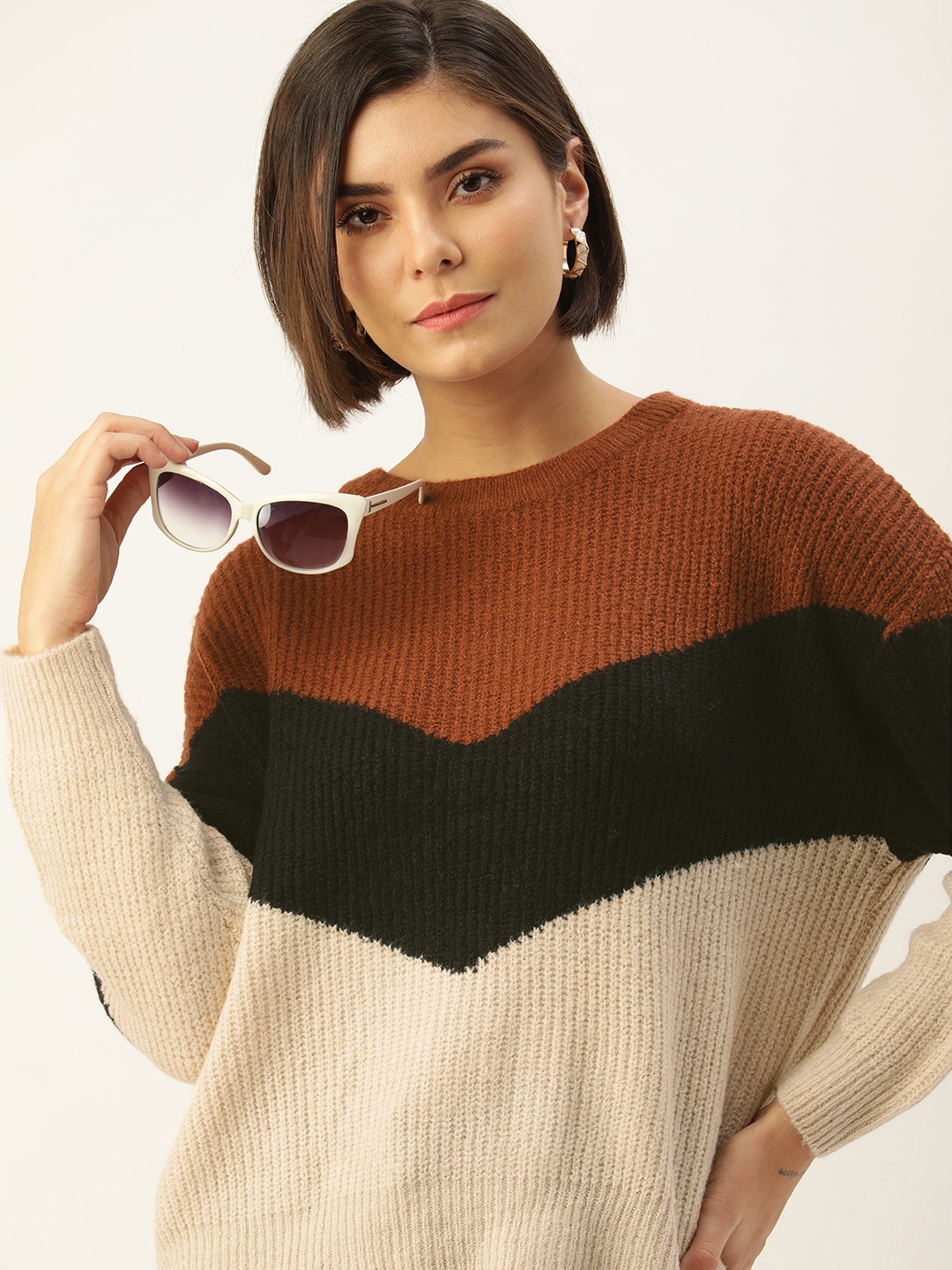 

FOREVER 21 Women Beige & Rust Colourblocked Pullover