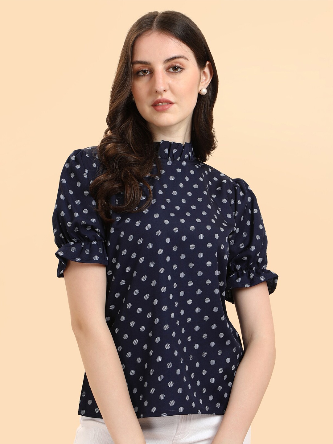 

WESTHOOD Women Navy Blue & White High Neck Puff Sleeve Print Top