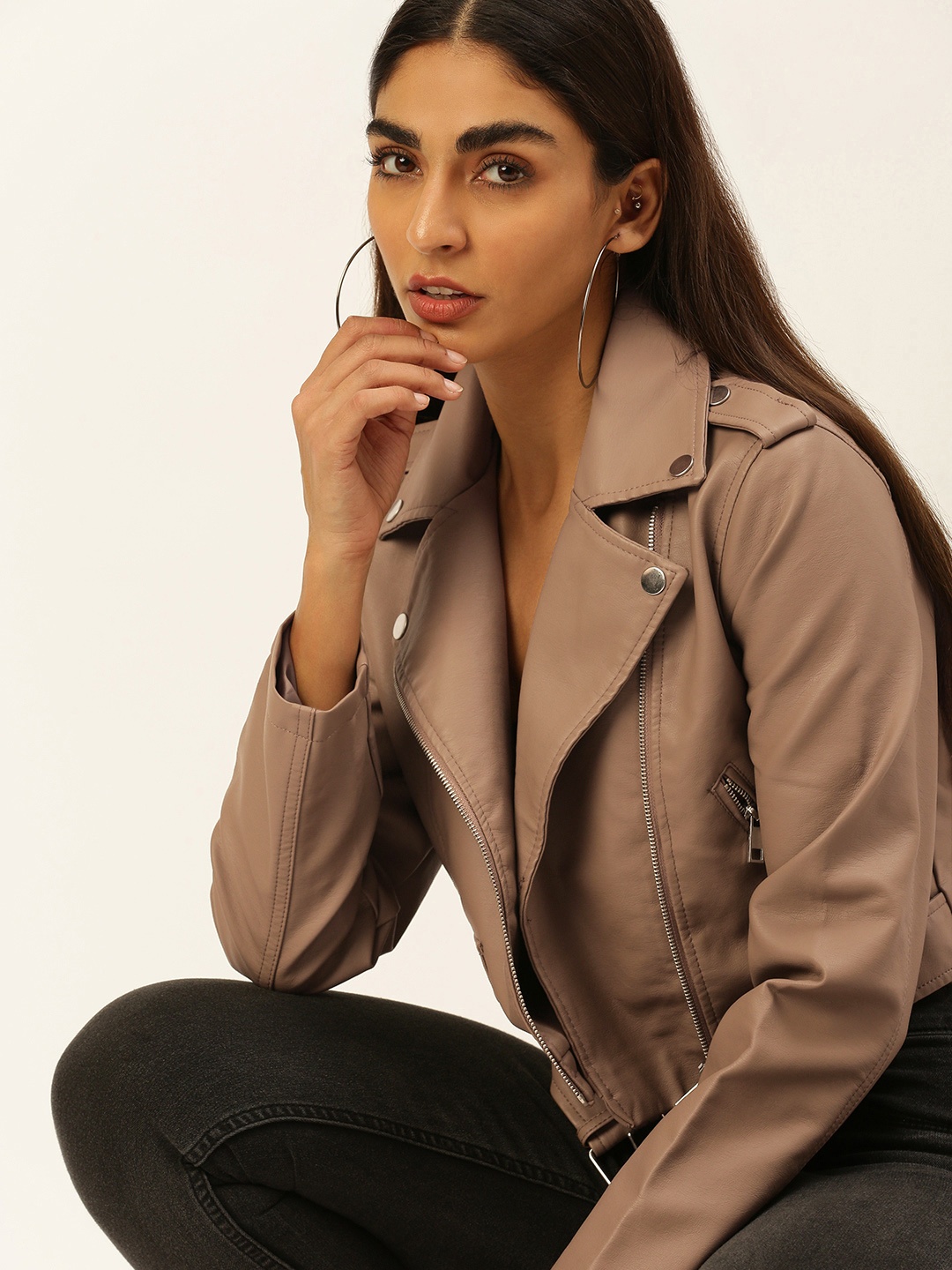 

FOREVER 21 Women Brown Solid Crop Biker Jacket