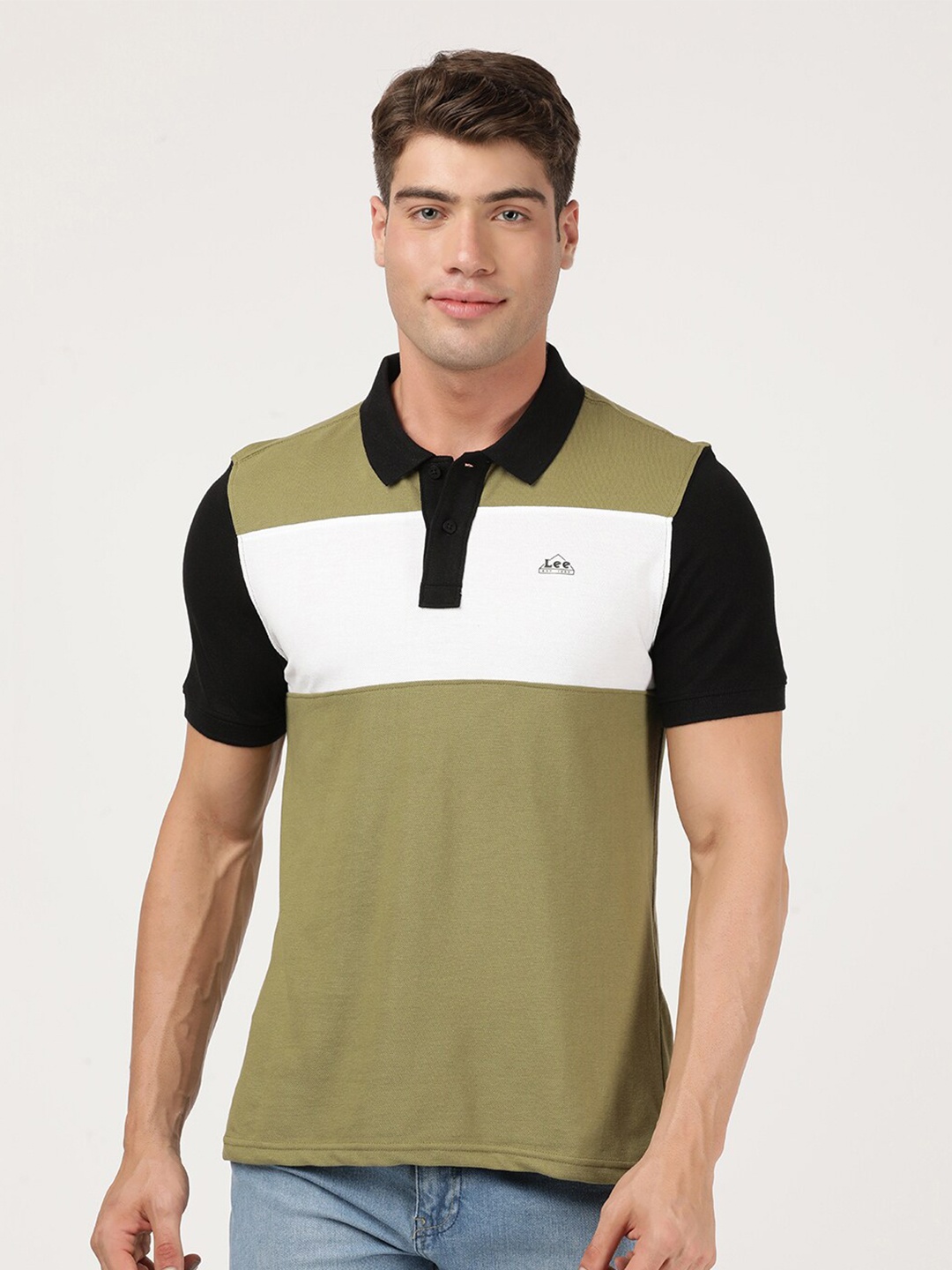 

Lee Men Black & Olive Green Colourblocked Polo Collar Slim Fit T-shirt