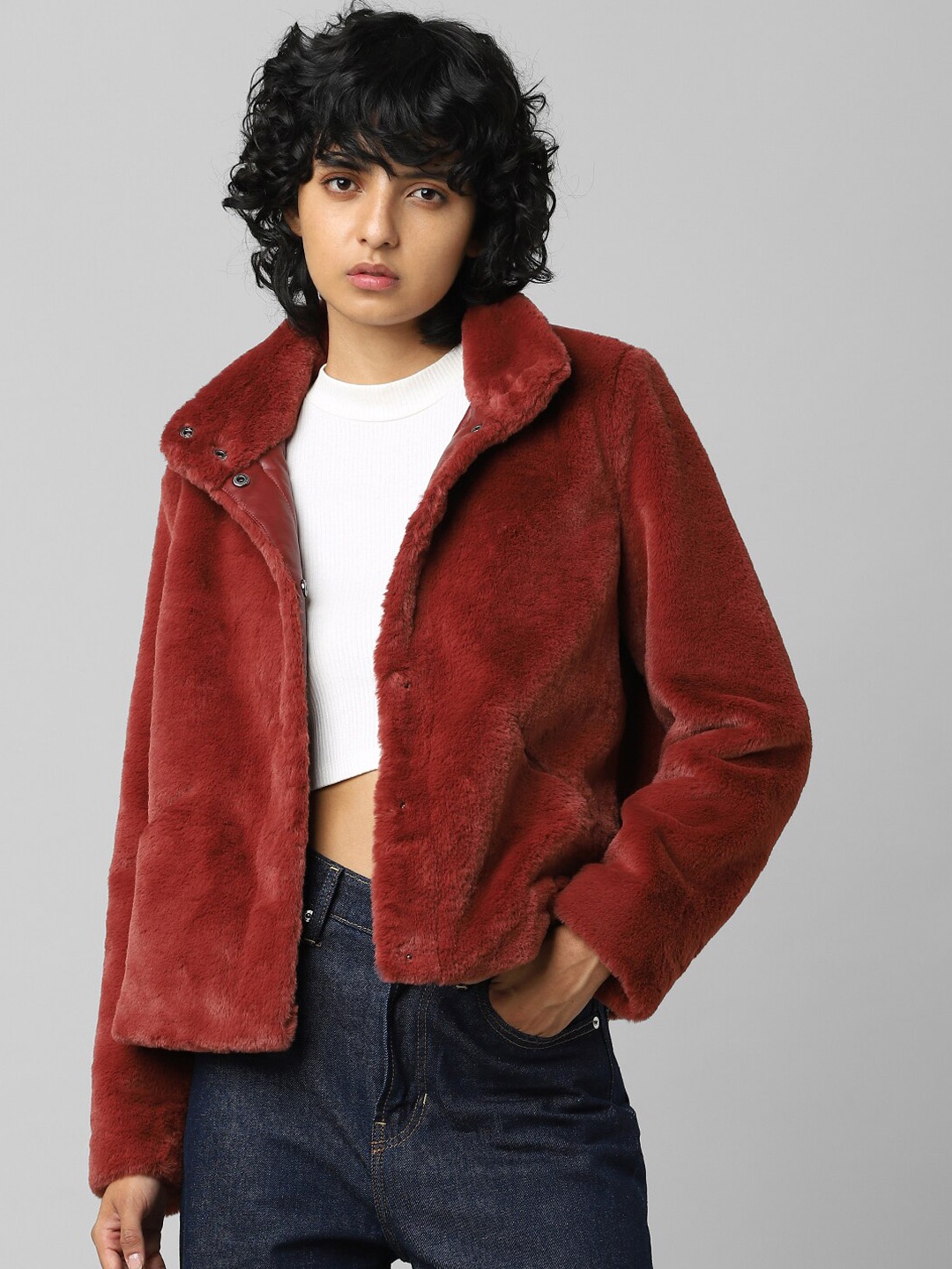 

ONLY Women Maroon Crop Bomber Jacket