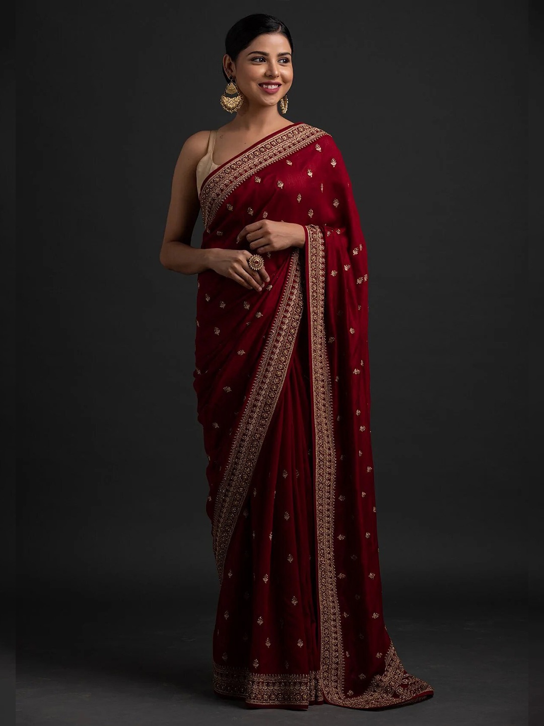 

Mitera Maroon & Gold-Toned Ethnic Motifs Embroidered Pure Silk Maheshwari Saree