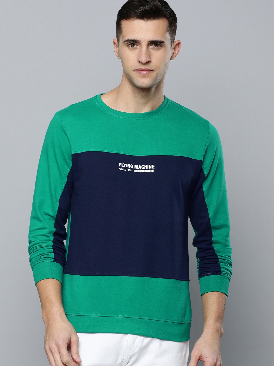 

Flying Machine Men Green & Navy Blue Colourblocked Pure Cotton Pullover Sweatshirt