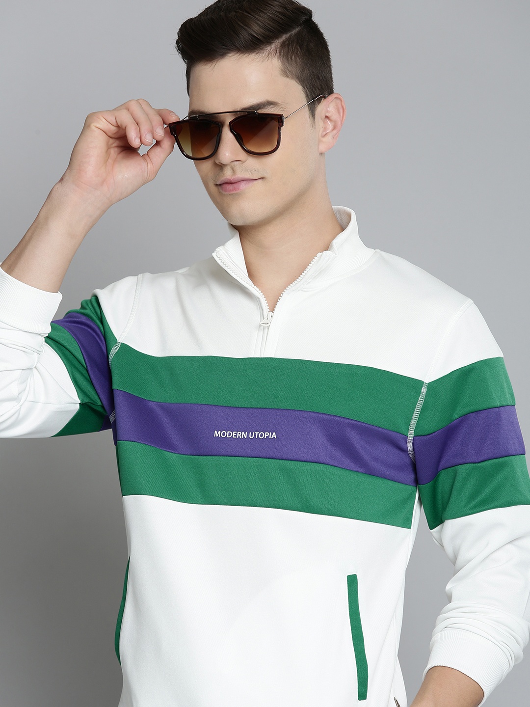 

Flying Machine Men White & Green Striped Sweatshirt