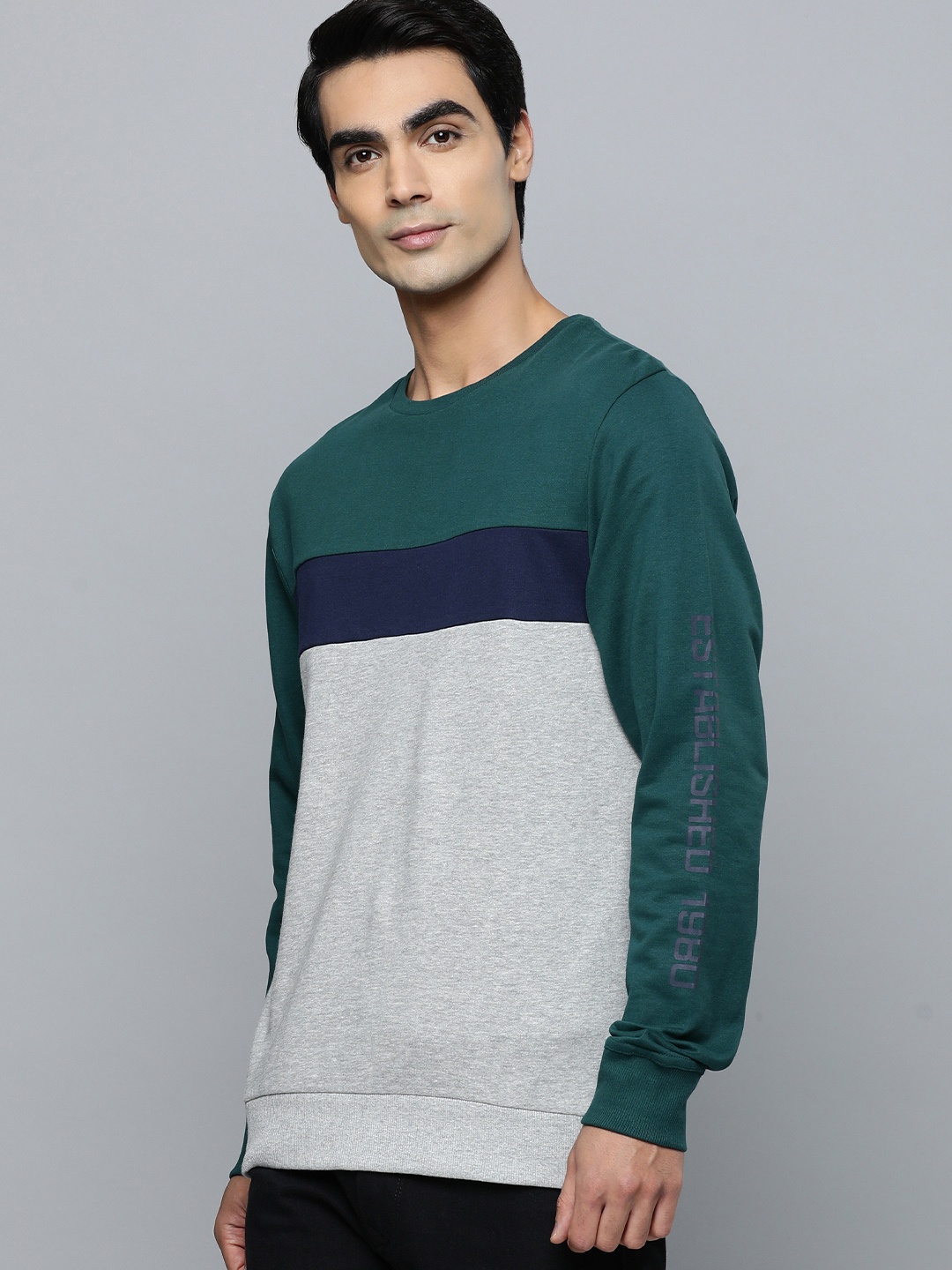 

Flying Machine Men Green & Grey Colourblocked Pure Cotton Pullover Sweatshirt