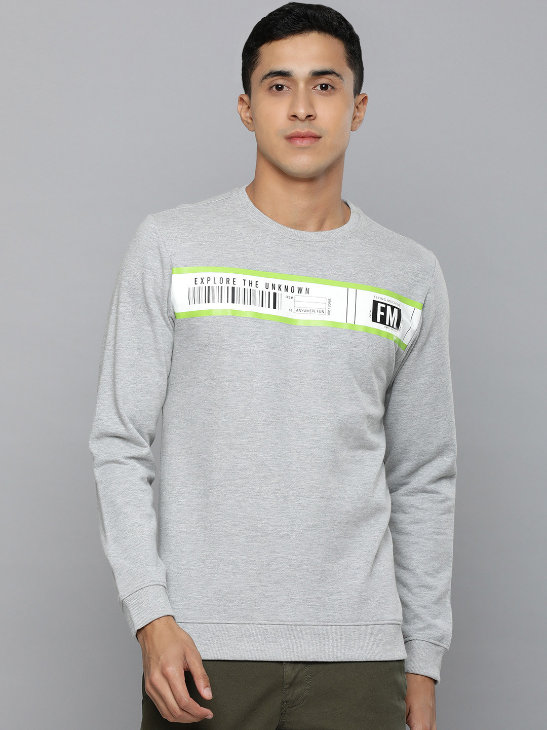 

Flying Machine Men Grey Melange Printed Sweatshirt