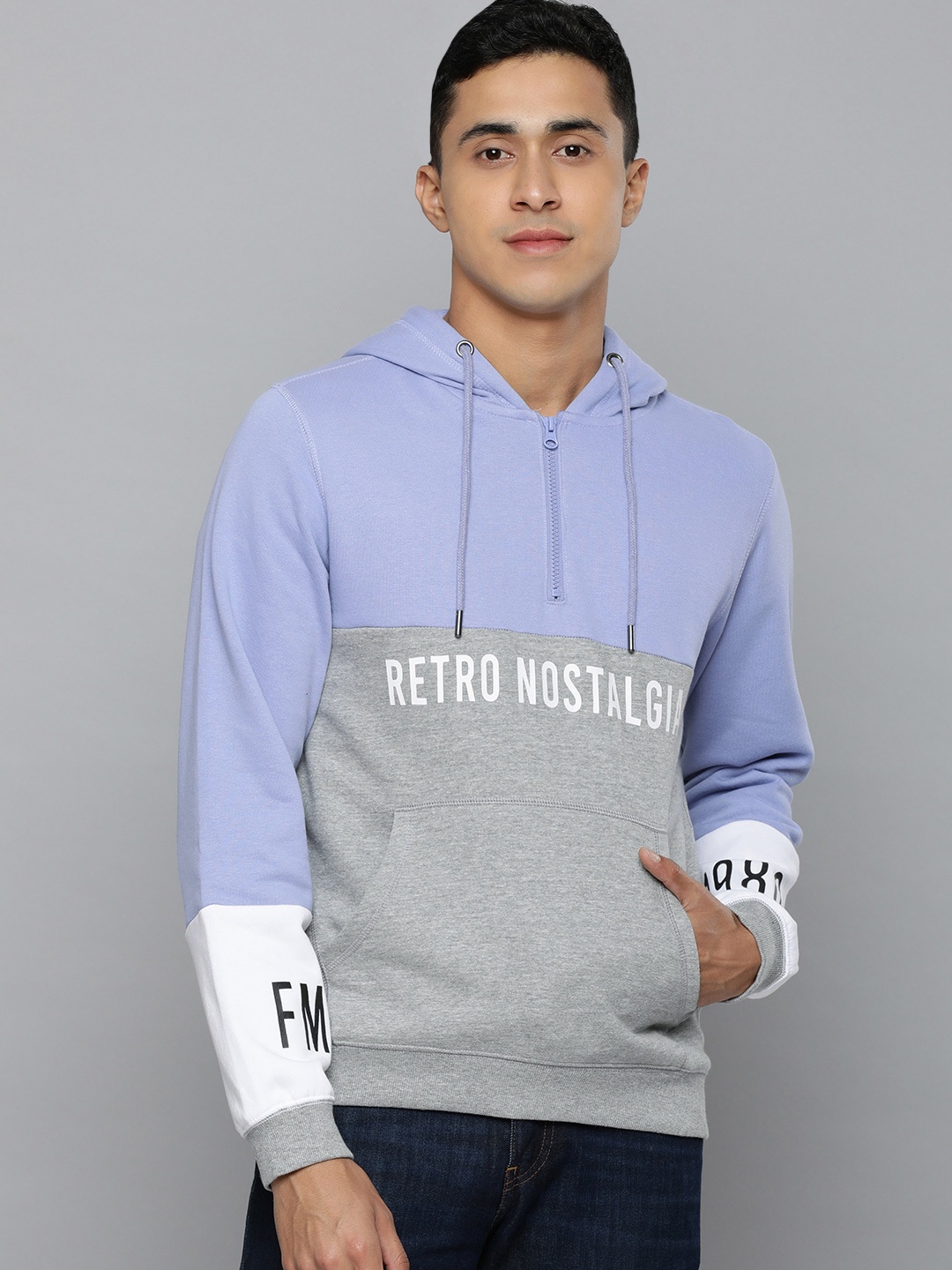 

Flying Machine Men Grey Melange & Blue Colourblocked Hooded Sweatshirt