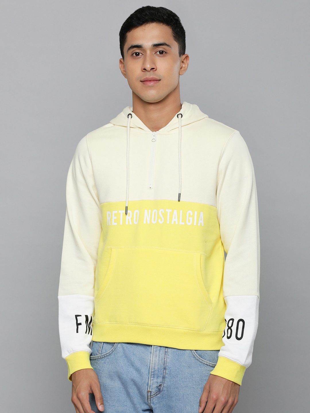 

Flying Machine Men Yellow Colourblocked Hooded Sweatshirt with Minimal Print Detail