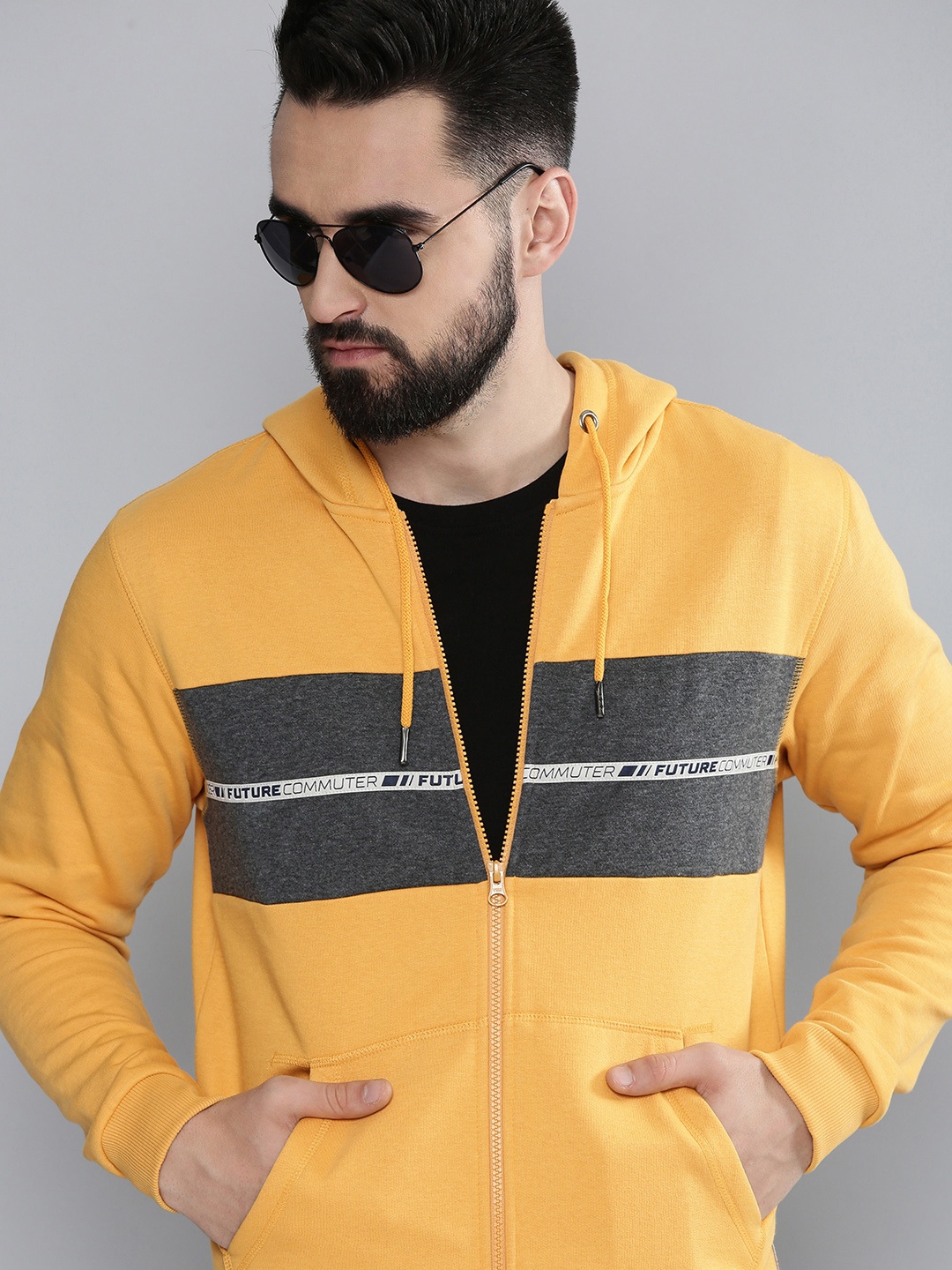 

Flying Machine Men Yellow Colourblocked Hooded Sweatshirt