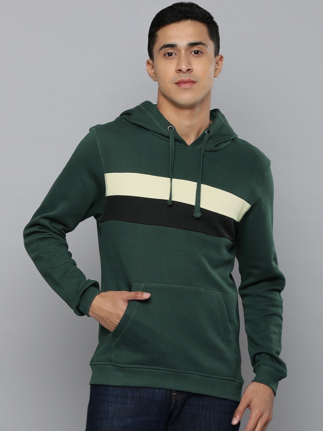 

Flying Machine Men Green & Black Colourblocked Hooded Sweatshirt