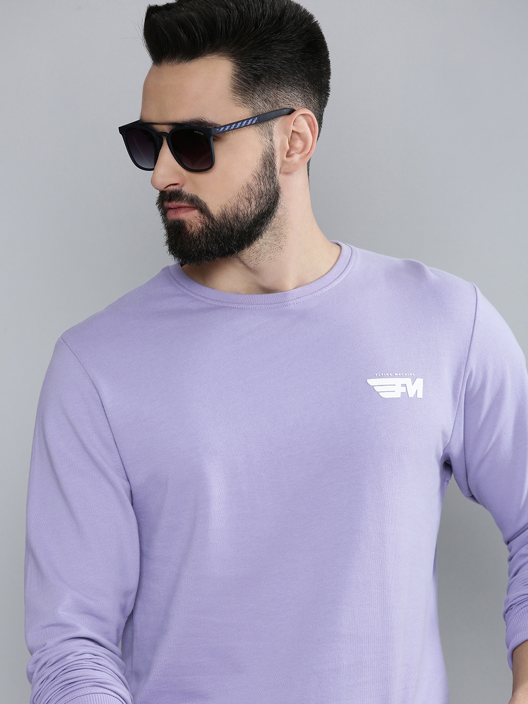 

Flying Machine Men Lavender Solid Round Neck Pure Cotton Sweatshirt with Brand Logo Detail