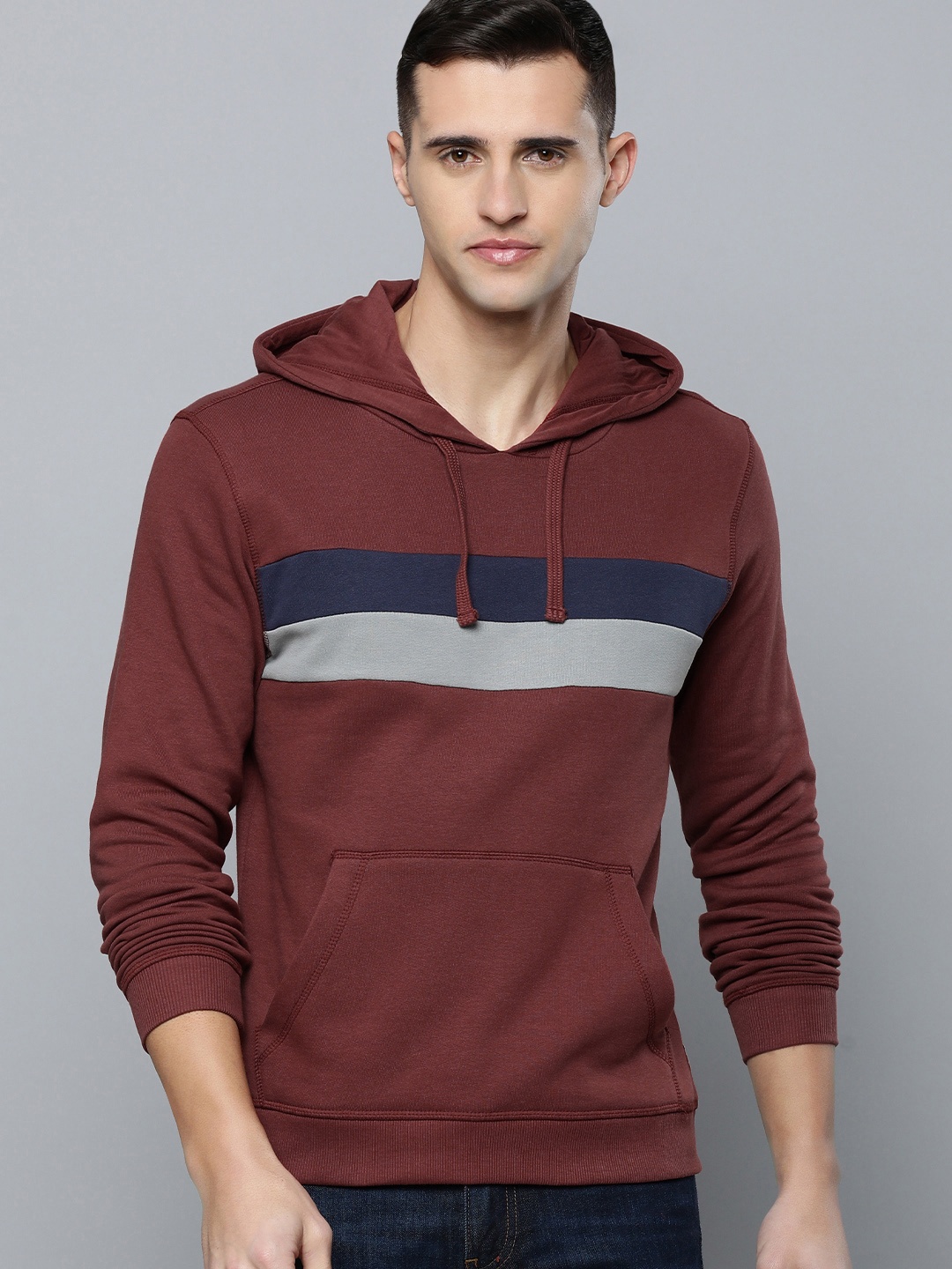 

Flying Machine Men Maroon Striped Hooded Pullover Sweatshirt