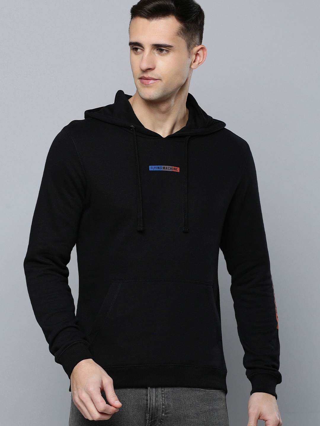 

Flying Machine Men Black Printed Hooded Sweatshirt