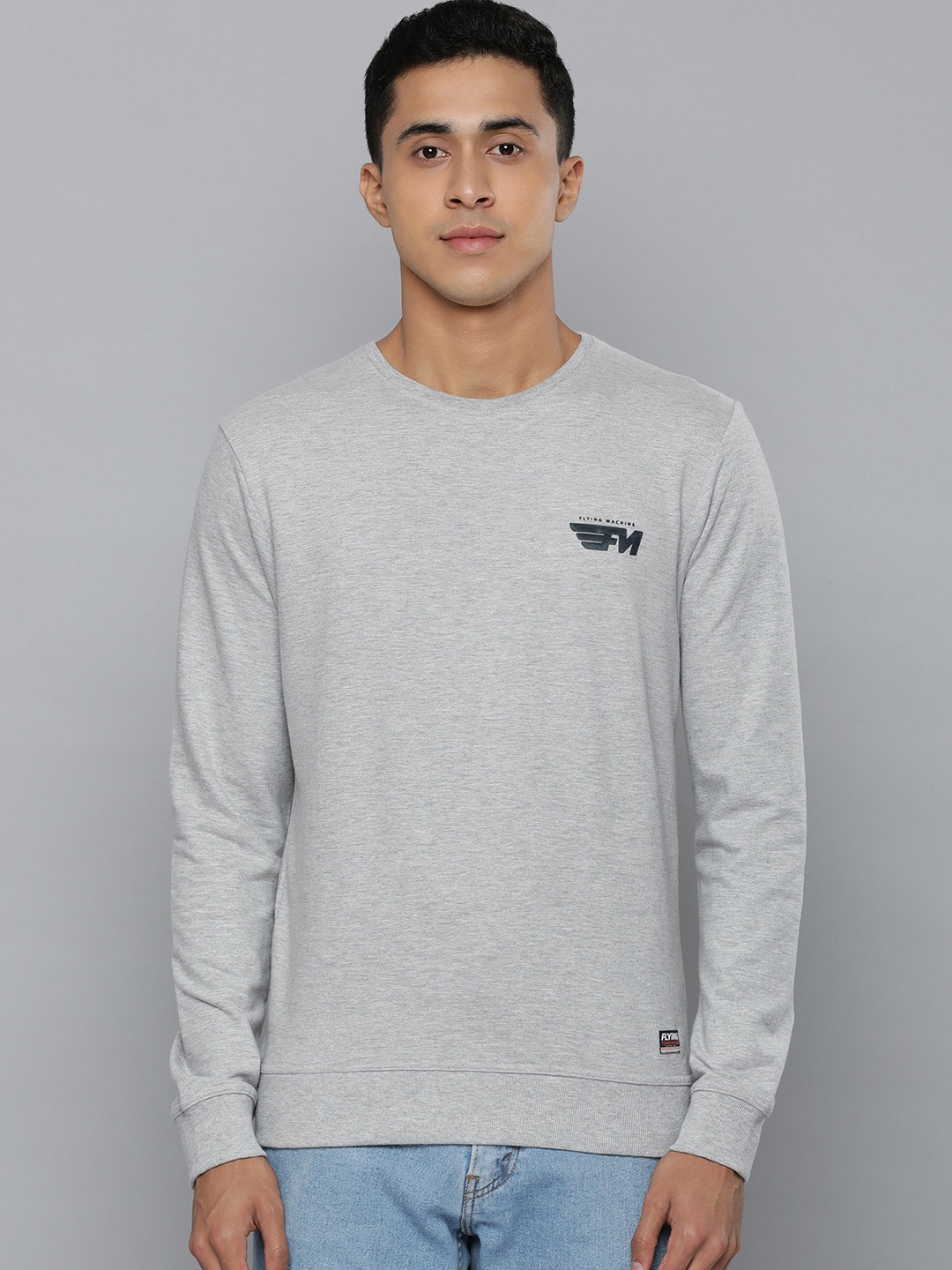 

Flying Machine Men Grey Melange Solid Sweatshirt with Minimal Print Detail