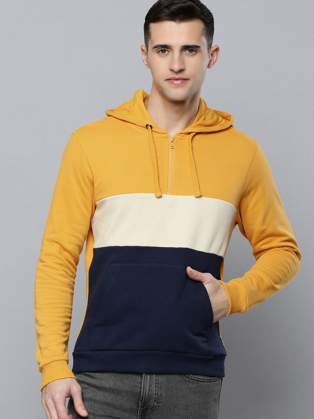 

Flying Machine Men Yellow And Navy Blue Colourblocked Hooded Sweatshirt