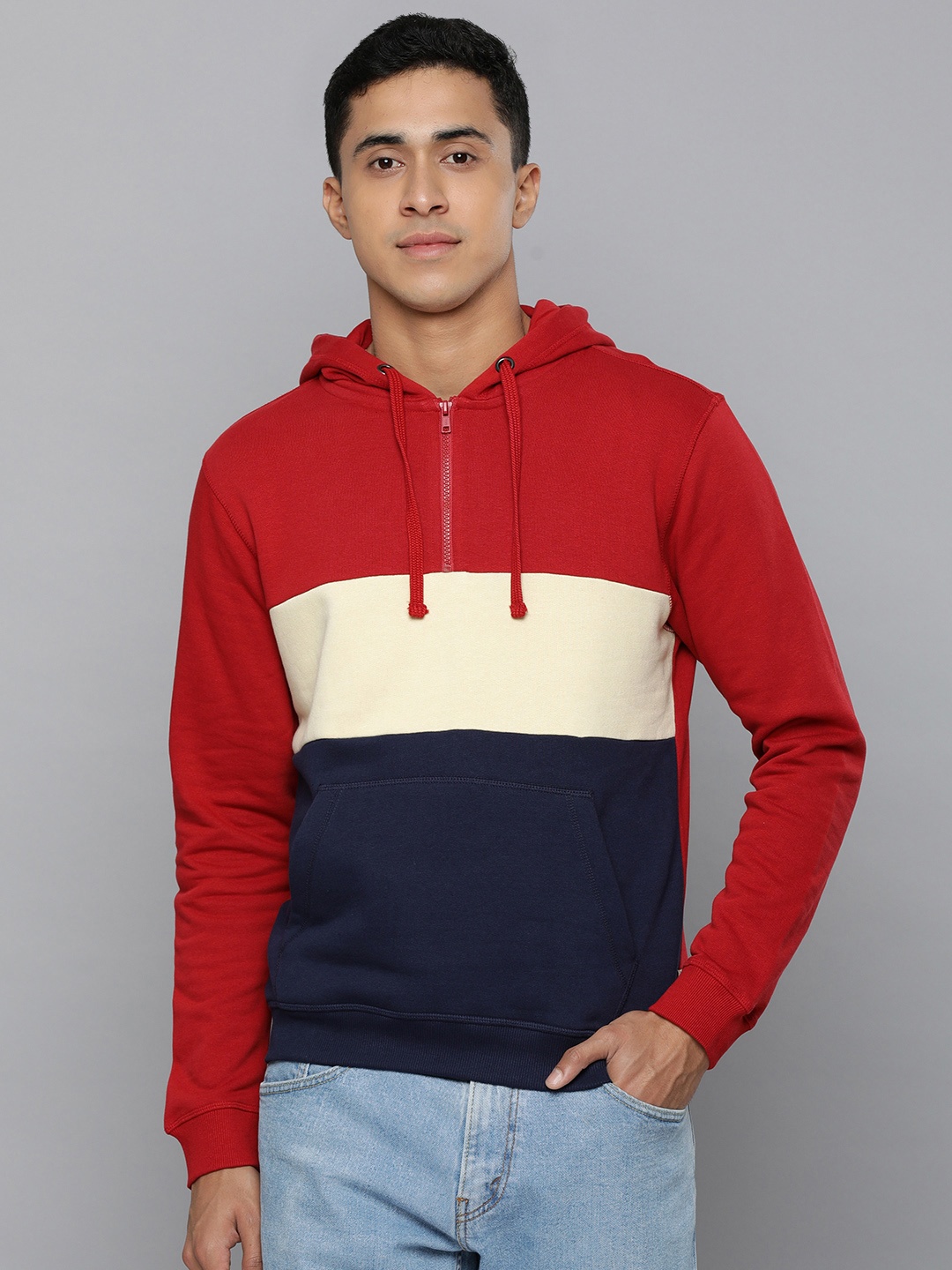 

Flying Machine Men Red Colourblocked Hooded Pure Cotton Sweatshirt