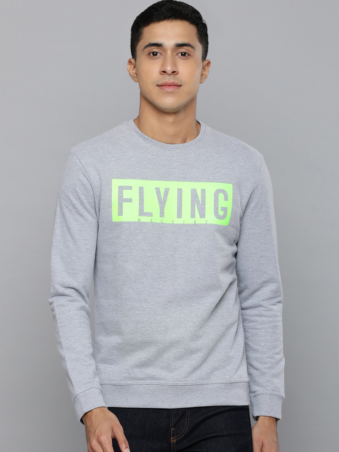 Flying Machine Men Grey Melange Brand Logo Print Sweatshirt