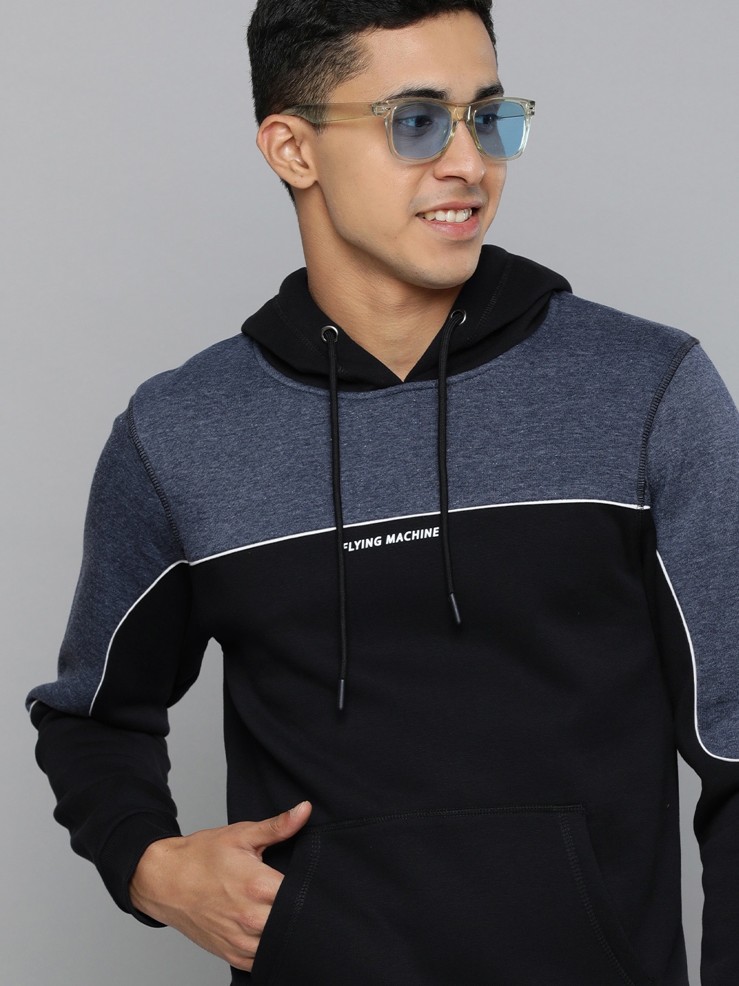 

Flying Machine Men Black Colourblocked Hooded Sweatshirt