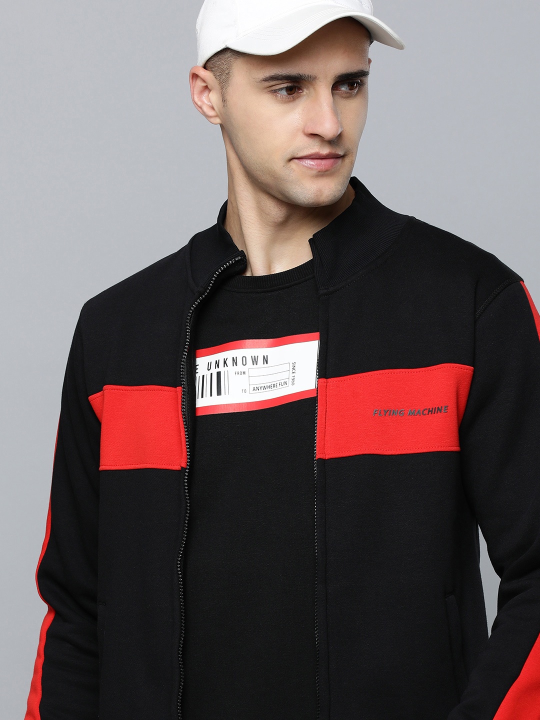

Flying Machine Men Black Block Stripes Front-Open Sweatshirt