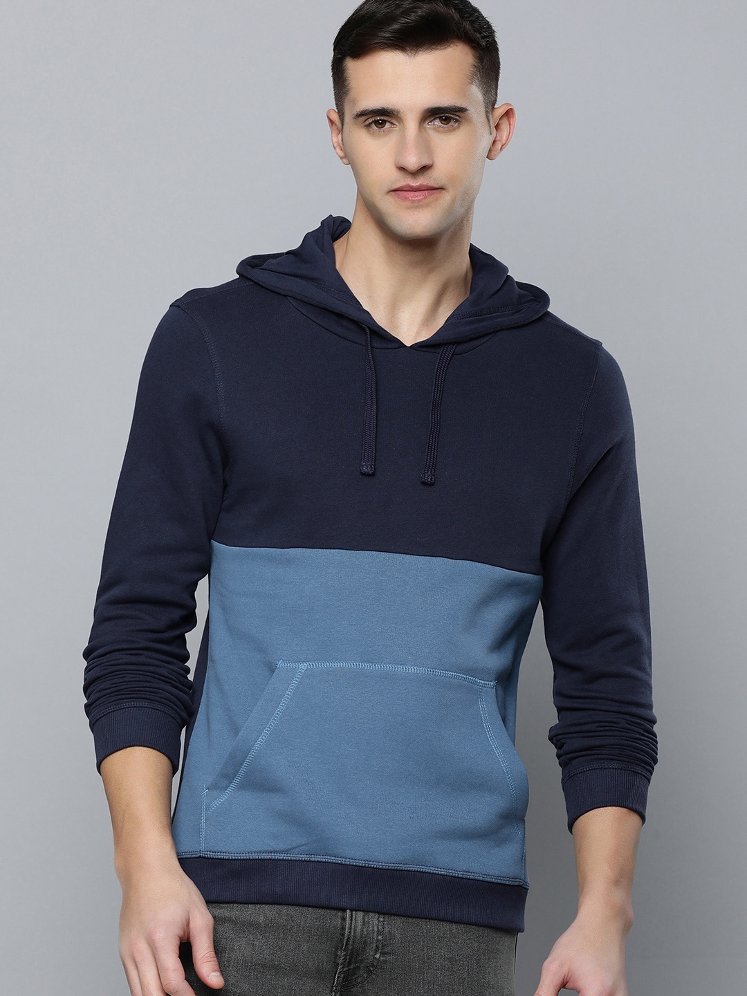 

Flying Machine Men Navy Blue Colourblocked Hooded Pullover Sweatshirt