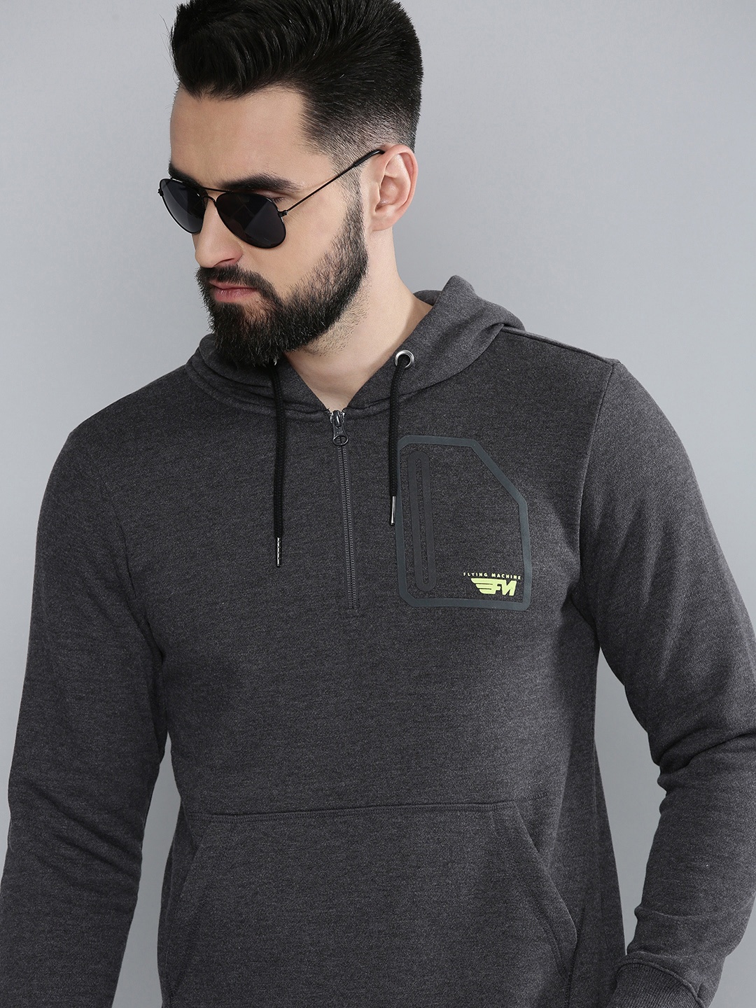 

Flying Machine Men Grey Melange Hooded Sweatshirt