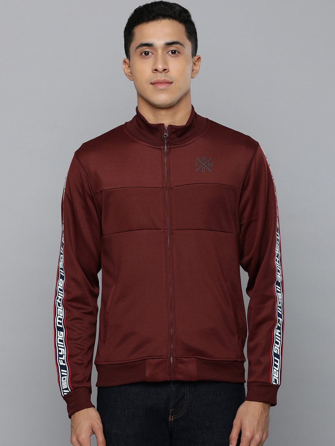 

Flying Machine Men Maroon Solid Front-Open Sweatshirt with Taping Detail