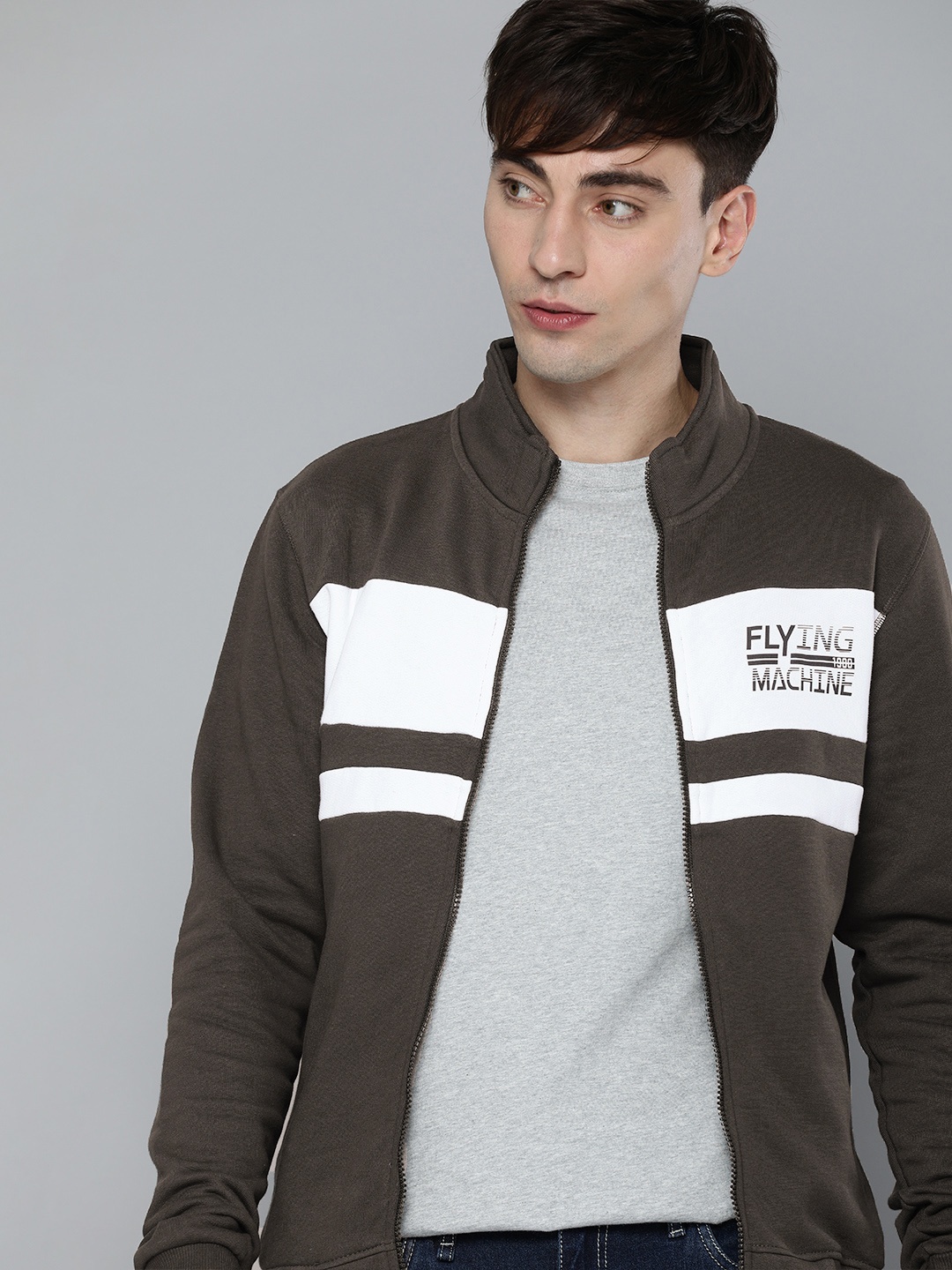

Flying Machine Men Charcoal Grey & White Colourblocked Sweatshirt