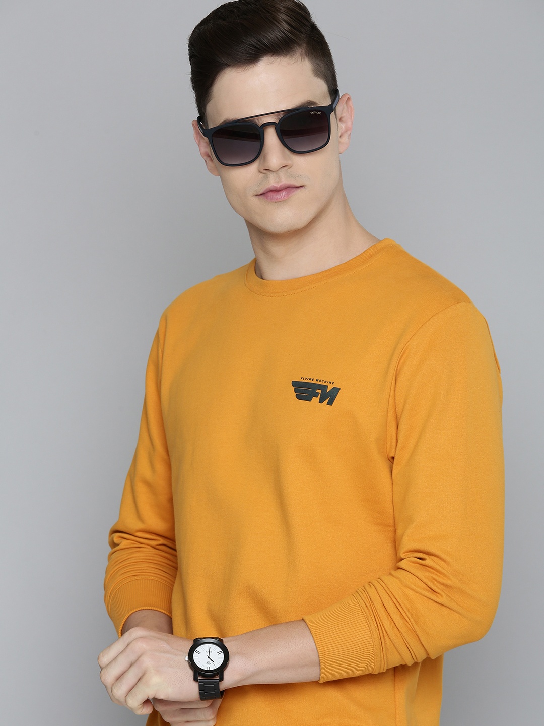 

Flying Machine Men Yellow Solid Pure Cotton Sweatshirt