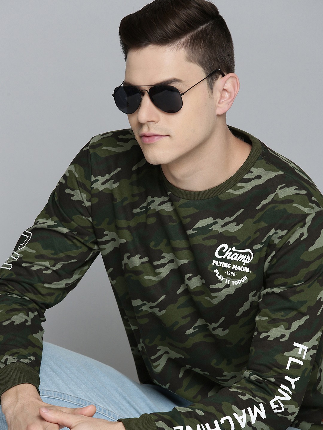 

Flying Machine Men Olive Green Camouflage Printed Pure Cotton Sweatshirt