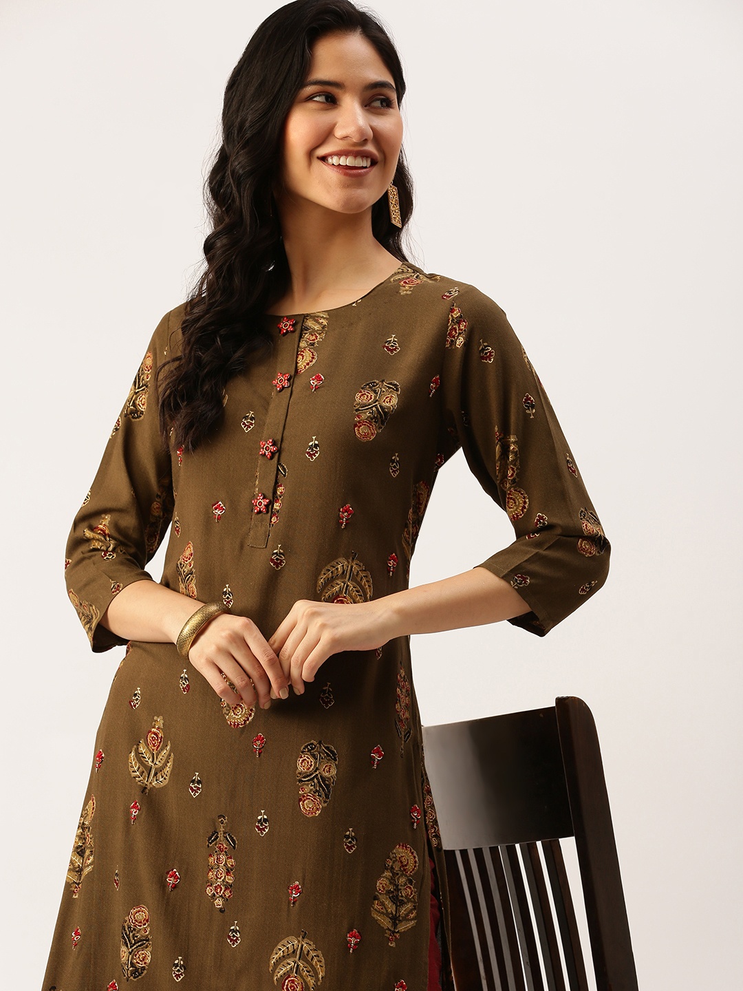 

SHOWOFF Women Olive Green Floral Printed Kurta