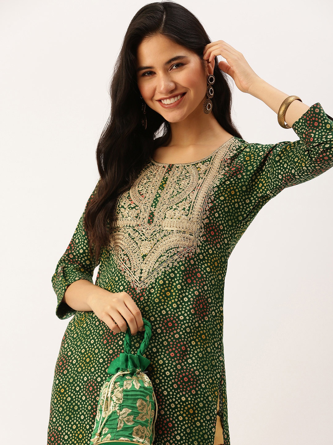 

SHOWOFF Women Green Bandhani Printed Thread Work Kurta