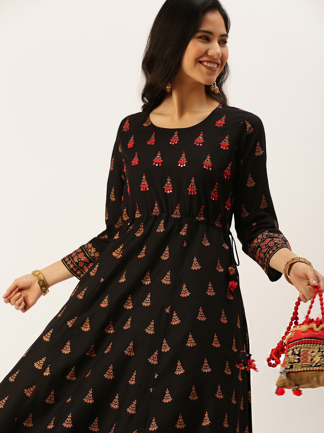 

SHOWOFF Women's Round Neck Ethnic Motifs Black A-Line Kurta