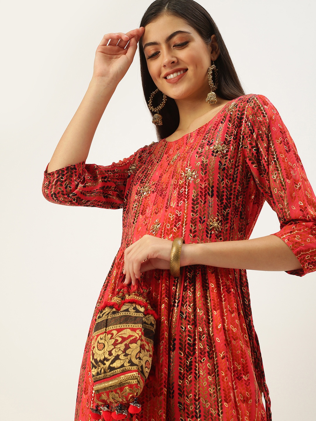 SHOWOFF Women Red & Gold-Toned Floral Printed Floral Anarkali Kurta