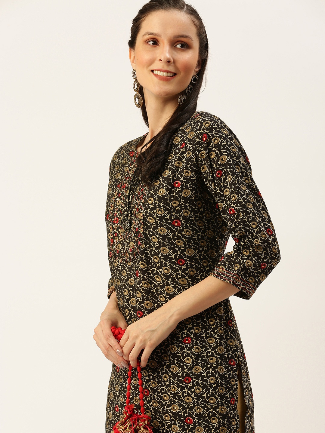 

SHOWOFF Women Coffee Brown Floral Printed Floral Kurta