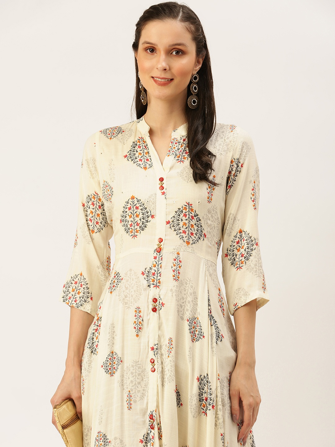 

SHOWOFF Women Off White & Red Floral Printed Anarkali Kurta