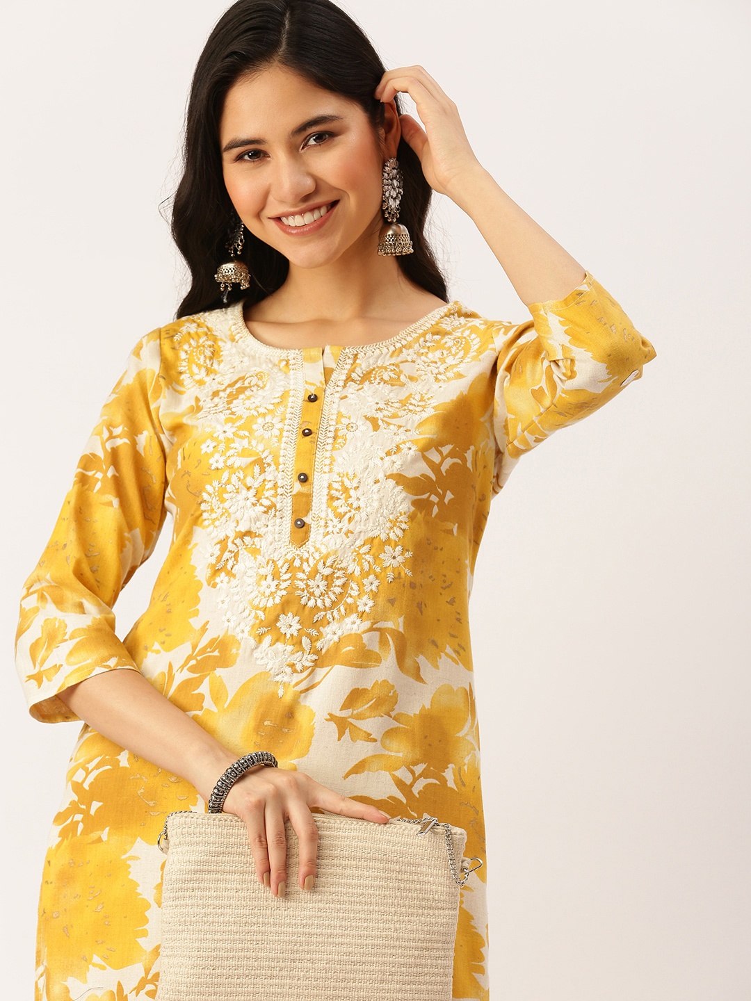 

SHOWOFF Women Off White & Yellow Floral Printed Flared Sleeves Thread Work Kurta