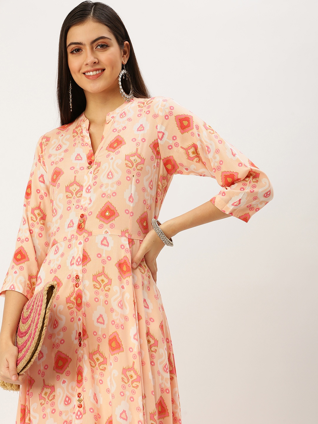 SHOWOFF Women Pink Floral Printed Floral Anarkali Kurta