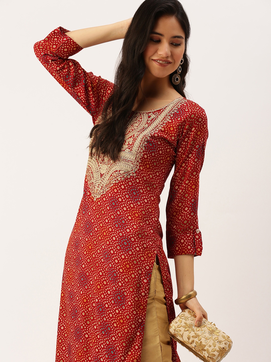 

SHOWOFF Women Red Printed Mirror Work Kurta
