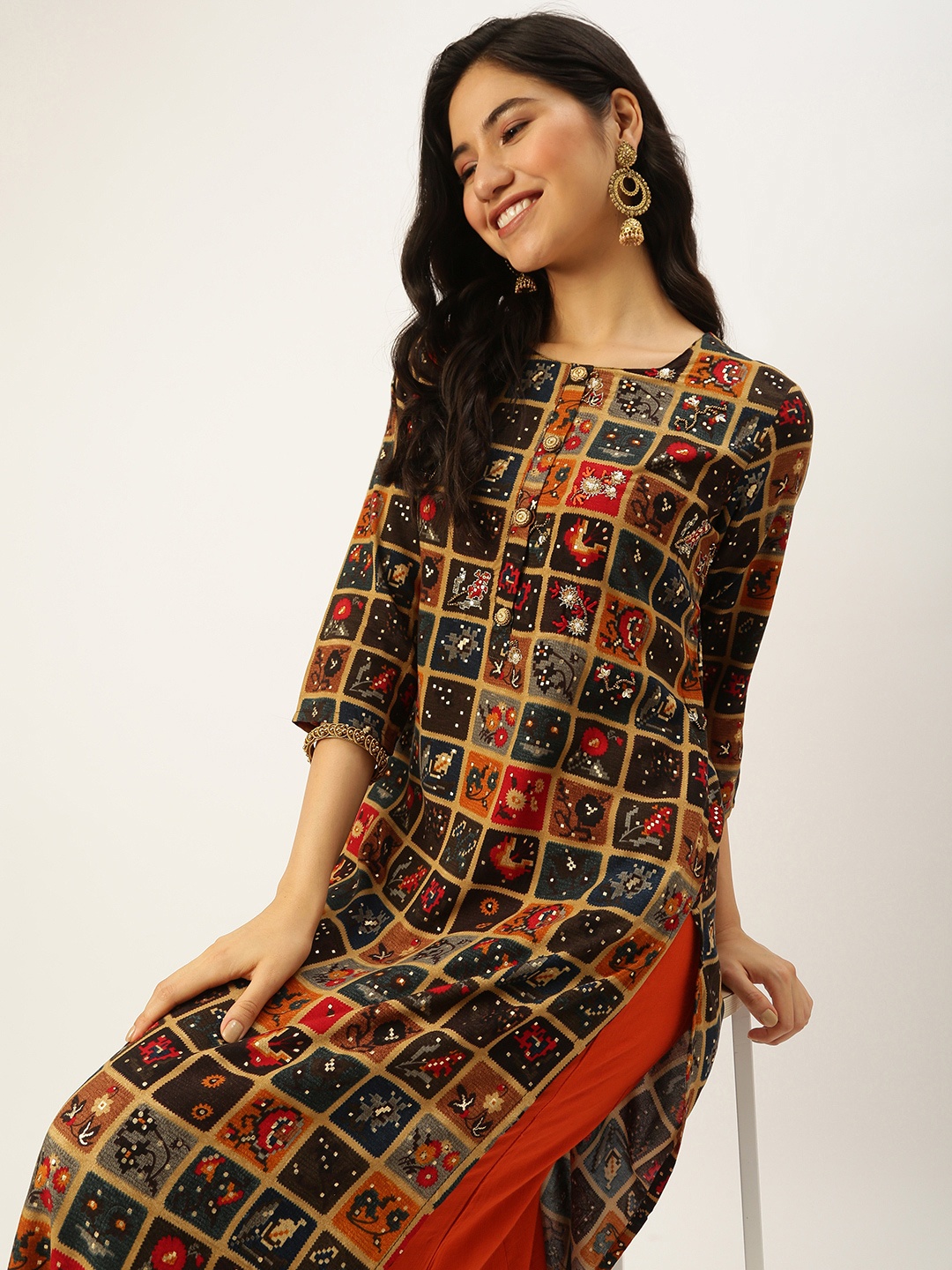 

SHOWOFF Women Multicoloured Geometric Checked Kurta, Multi