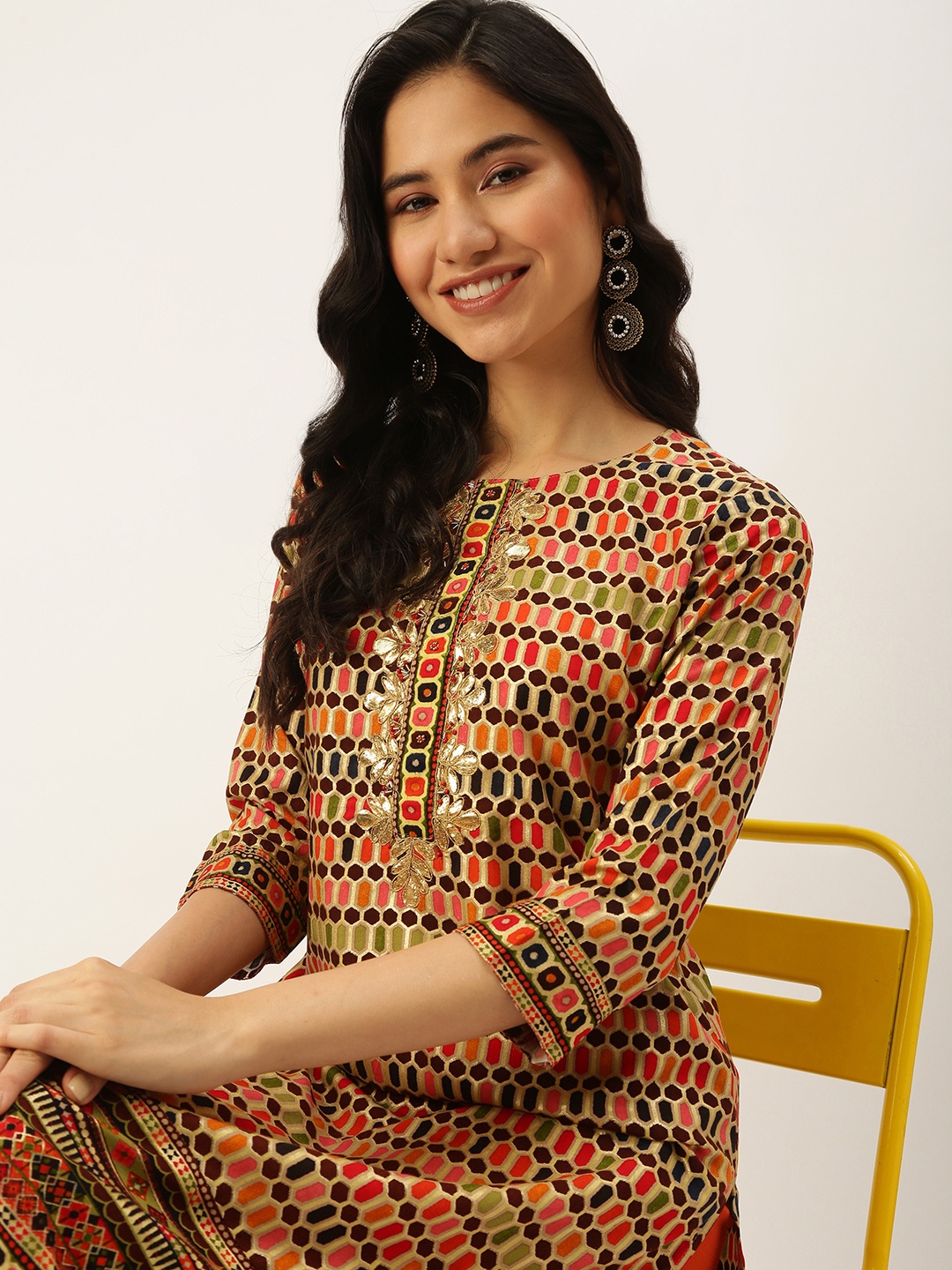 

SHOWOFF Women Multicoloured Geometric Yoke Design Kurta, Multi