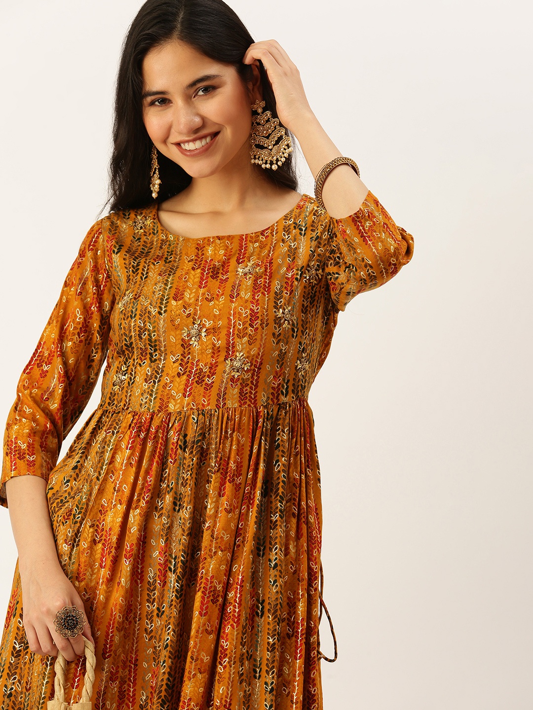 

SHOWOFF Women Mustard Yellow Dyed Floral Anarkali Kurta