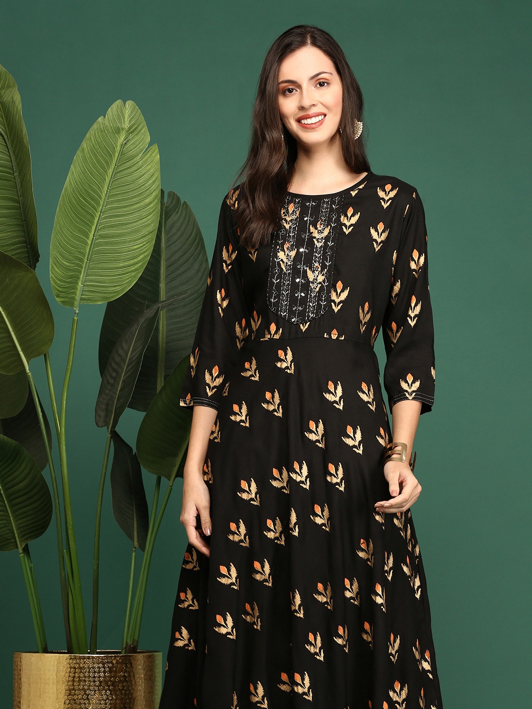 

SHOWOFF Women Coffee Brown & Beige Floral Printed Kurta