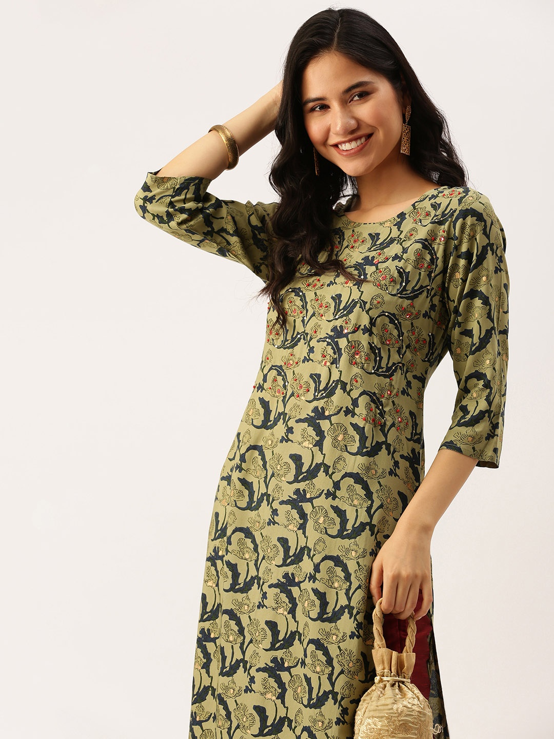 

SHOWOFF Women Green Ethnic Motifs Printed Flared Sleeves Mirror Work Floral Kurta
