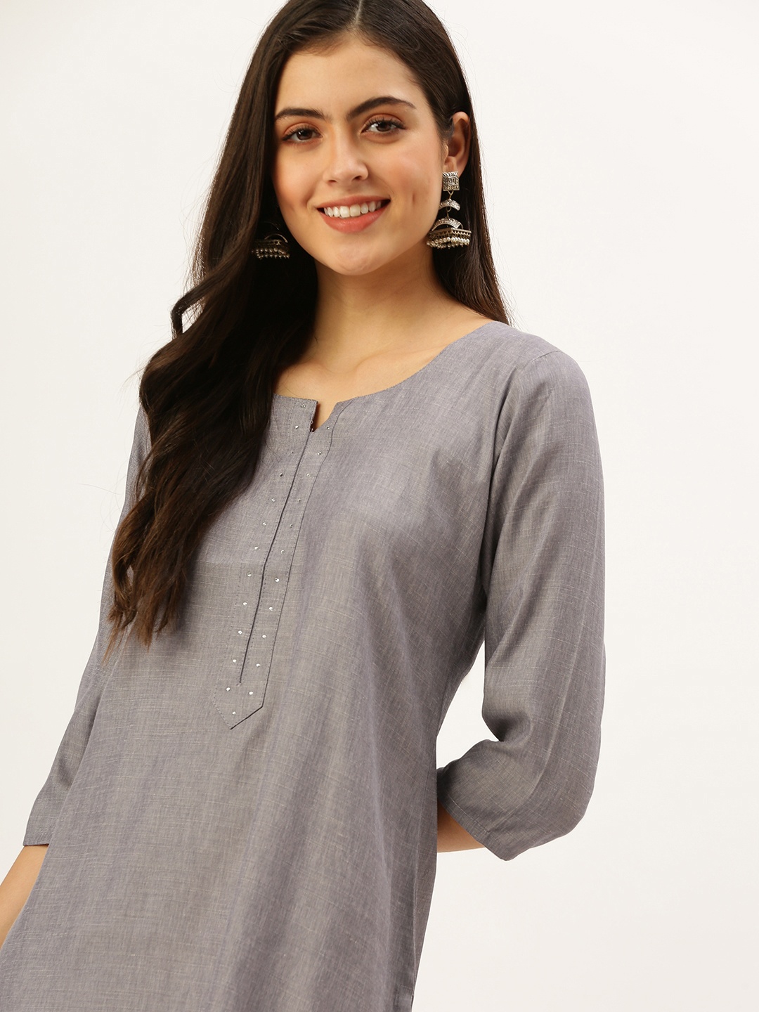 

SHOWOFF Women Grey Solid Kurta