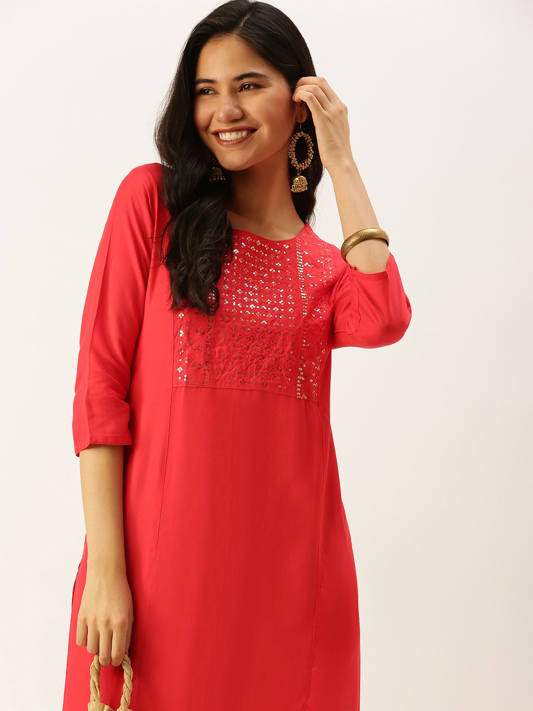 

SHOWOFF Women Red Ethnic Motifs Mirror Work Kurta