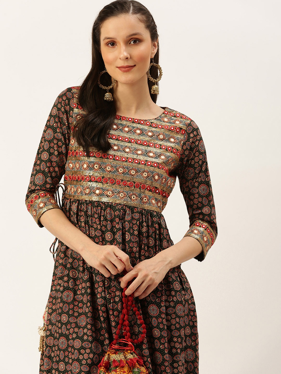 

SHOWOFF Women Green & Brown Floral Printed Anarkali Kurta
