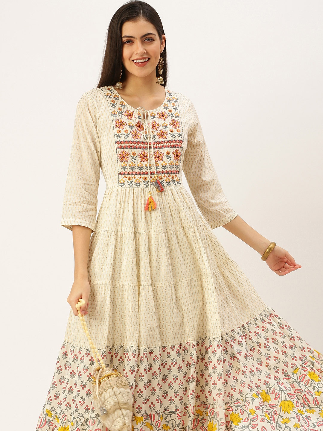 SHOWOFF Women Off White Ethnic Motifs Printed Thread Work Floral Anarkali Kurta